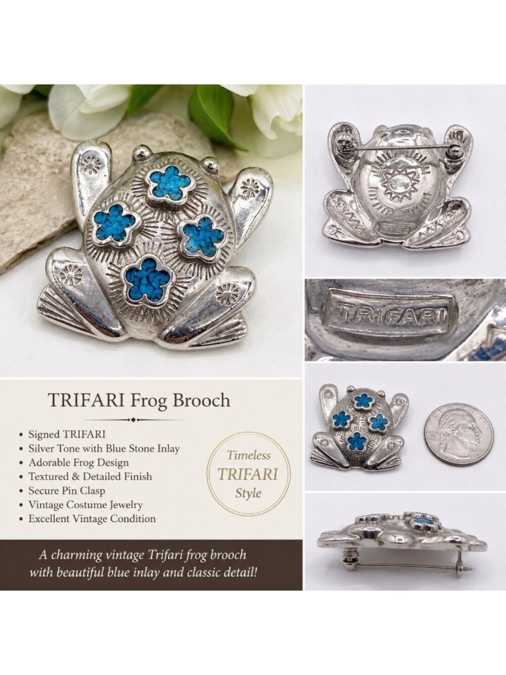 Vintage Trifari Frog Brooch Pin Silver Tone Blue Faux Turquoise Southwest 90s - Picture 2 of 9
